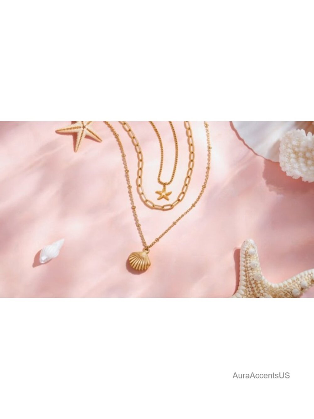 14k Gold Plated Starfish & Seashell Layered Necklace Set, Adjustable Chain, Non - Picture 6 of 6